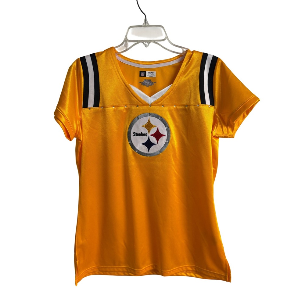 Pittsburgh Steelers NFL Team Apparel Shirt Womens Sz L Ladies Yellow Rhinestones